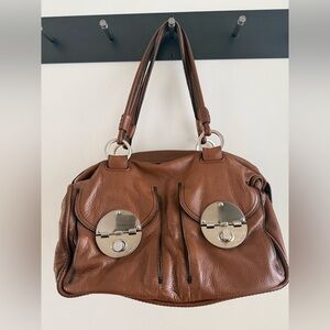 Mimco Brown Pebbled Leather Shoulder Bag Satchel Statement Silver Hardware